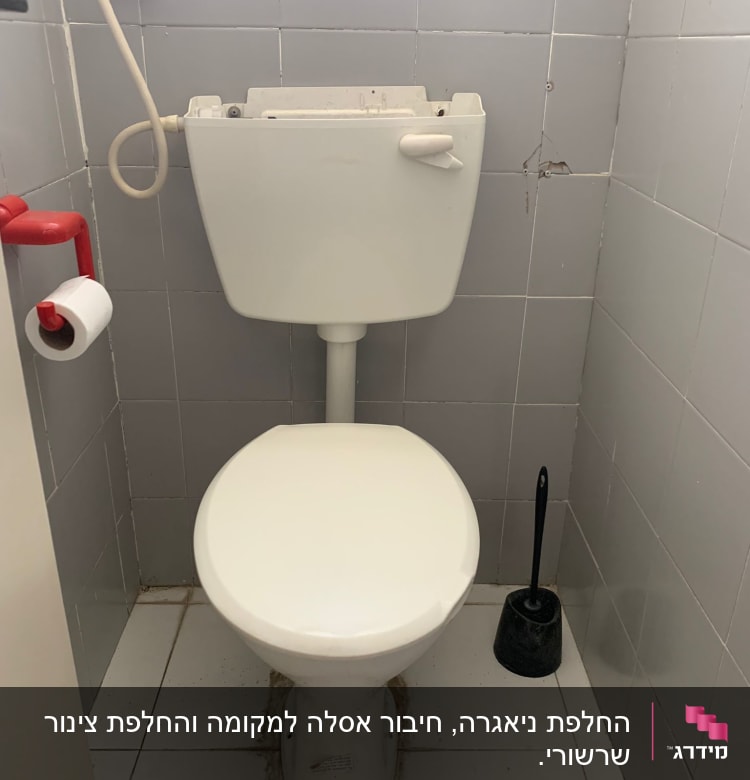 אסלה עם מיכל הדחה פתוח ומברשת ניקוי